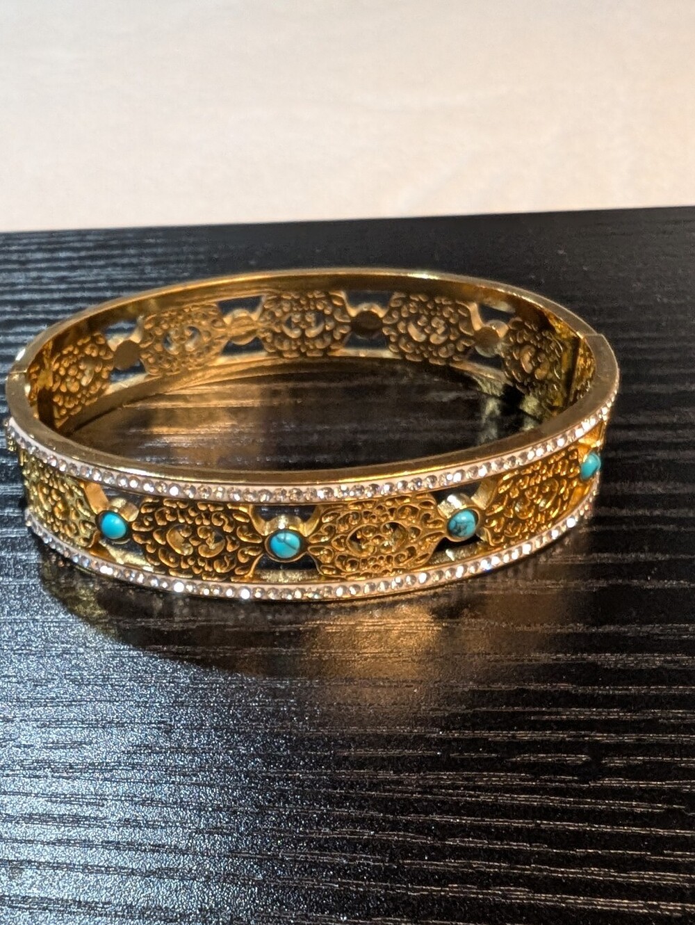 Gold Filigree Bangle Bracelet with Turquoise Accents